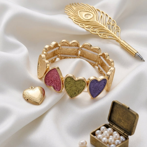 Multicolour enamel heart bracelet for women with pastel rainbow design, gold tone stretch bracelet by Sajna Sawarnaa