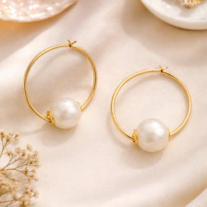 Dainty thin gold hoop earrings with single floating white pearl – anti-tarnish Korean jewellery by Sajna Sawarnaa
