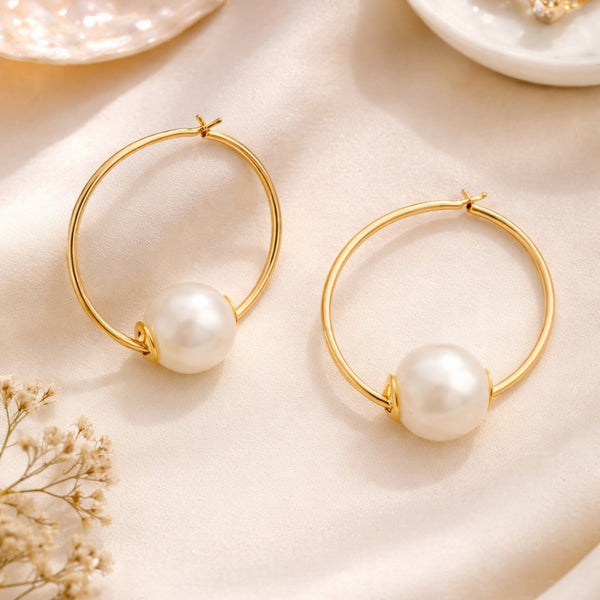 Dainty thin gold hoop earrings with single floating white pearl – anti-tarnish Korean jewellery by Sajna Sawarnaa
