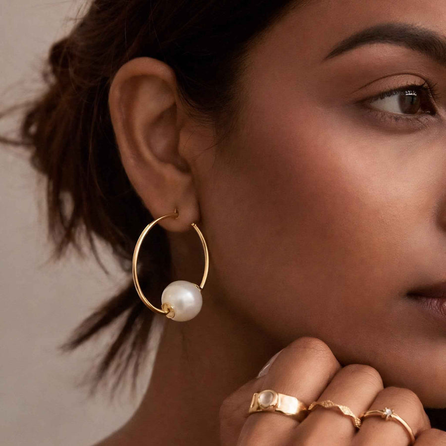 Floating Pearl Gold Hoop Earrings – Dainty Thin Circle Hoops with Pearl | Anti-Tarnish Korean Jewellery | Sajna Sawarnaa
