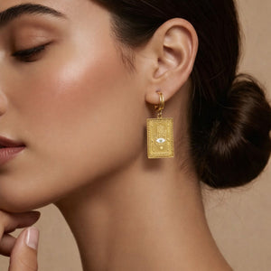Gold Hamsa hand evil eye tarot card charm huggie hoop earrings – anti-tarnish Korean jewellery by Sajna Sawarnaa
