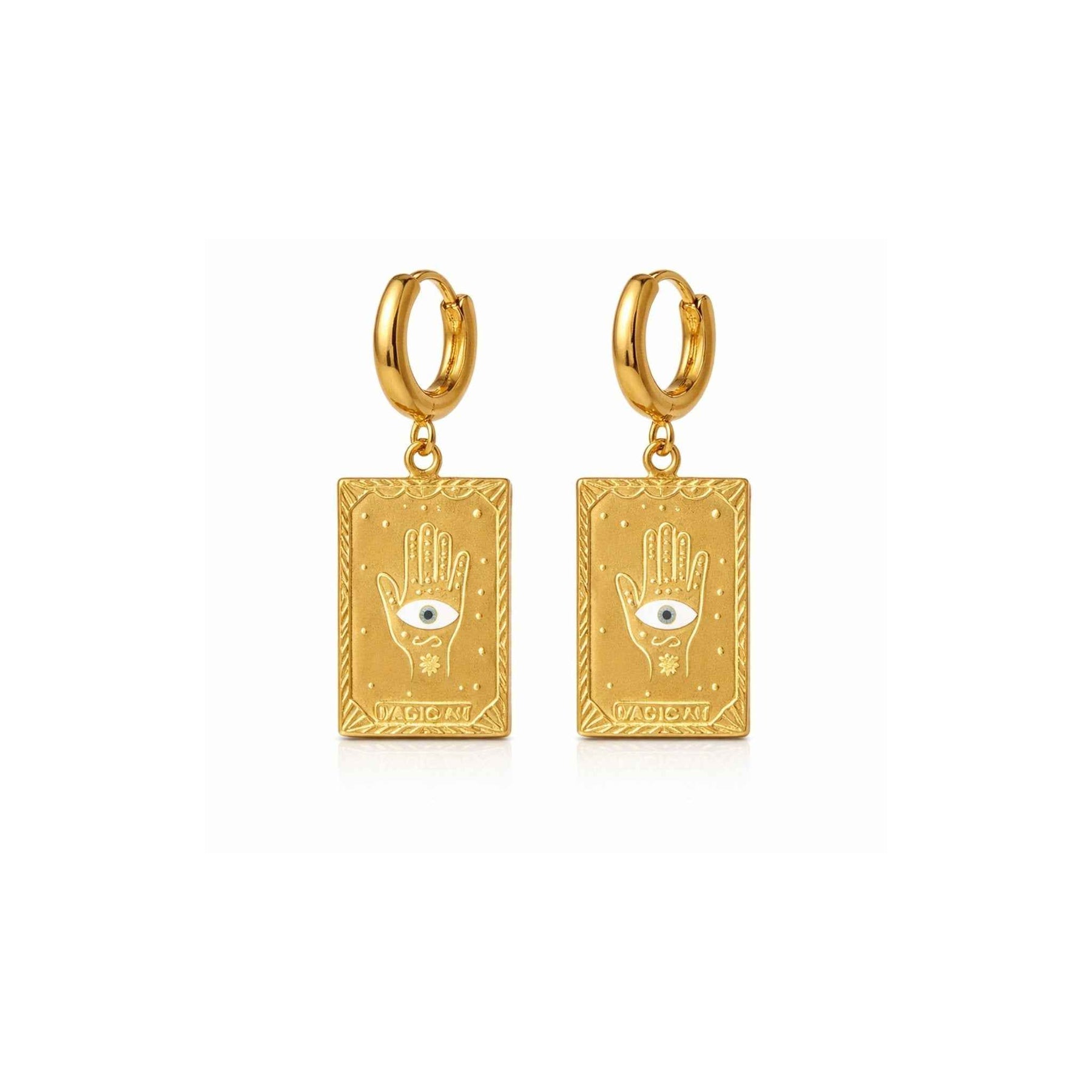 Hamsa Evil Eye Tarot Card Charm Earrings – Gold Huggie Hoop Dangles | Anti-Tarnish Korean Jewellery | Sajna Sawarnaa