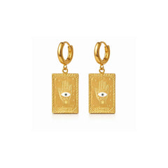 Hamsa Evil Eye Tarot Card Charm Earrings – Gold Huggie Hoop Dangles | Anti-Tarnish Korean Jewellery | Sajna Sawarnaa