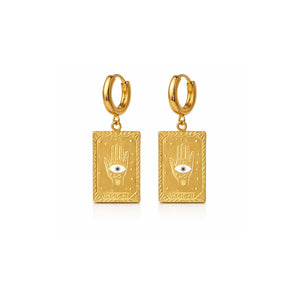 Gold Hamsa hand evil eye tarot card charm huggie hoop earrings – anti-tarnish Korean jewellery by Sajna Sawarnaa
