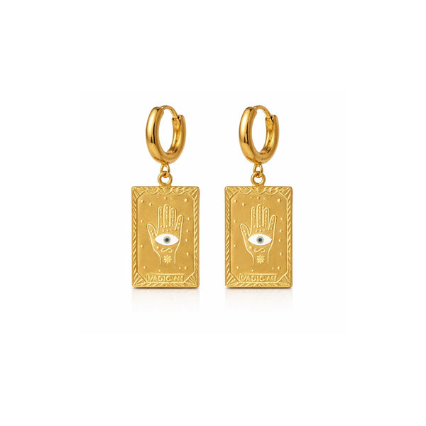 Gold Hamsa hand evil eye tarot card charm huggie hoop earrings – anti-tarnish Korean jewellery by Sajna Sawarnaa
