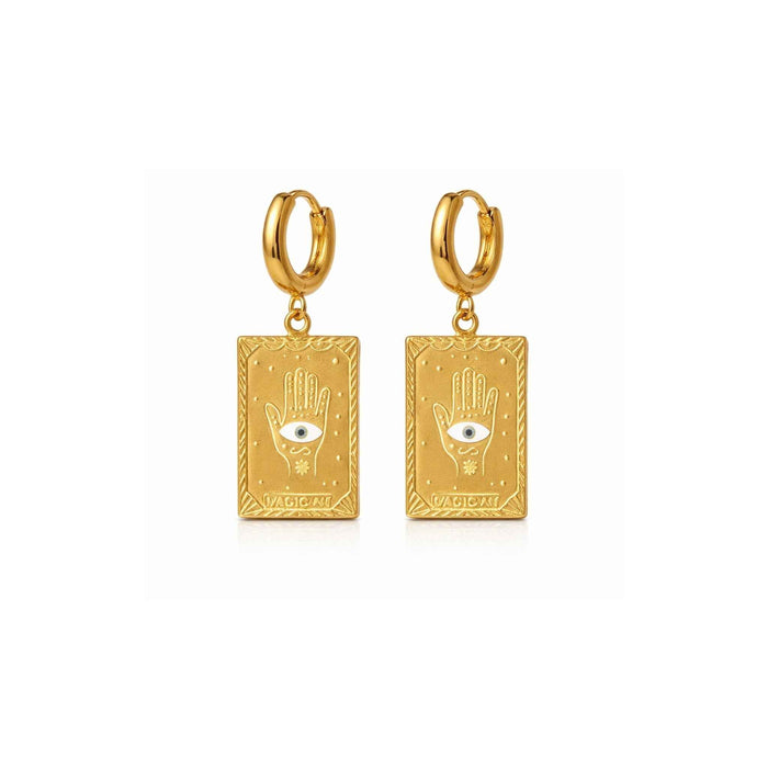 Hamsa Evil Eye Tarot Card Charm Earrings – Gold Huggie Hoop Dangles | Anti-Tarnish Korean Jewellery | Sajna Sawarnaa