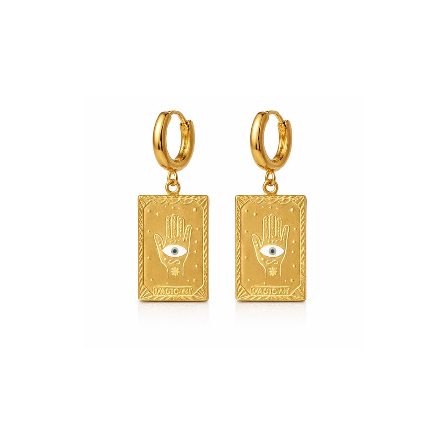 Hamsa Evil Eye Tarot Card Charm Earrings – Gold Huggie Hoop Dangles | Anti-Tarnish Korean Jewellery | Sajna Sawarnaa