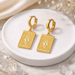 Hamsa Evil Eye Tarot Card Charm Earrings – Gold Huggie Hoop Dangles | Anti-Tarnish Korean Jewellery | Sajna Sawarnaa