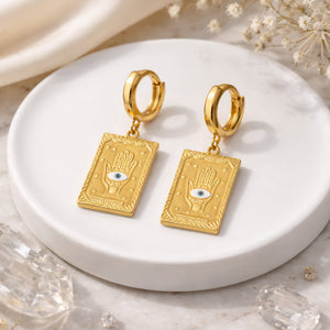 Gold Hamsa hand evil eye tarot card charm huggie hoop earrings – anti-tarnish Korean jewellery by Sajna Sawarnaa
