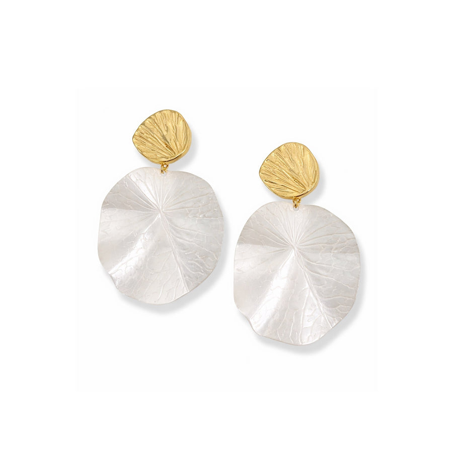 Pearl Lotus Leaf Drop Earrings – Shell Stud with Mother of Pearl Charm | Anti-Tarnish Korean Jewellery | Sajna Sawarnaa