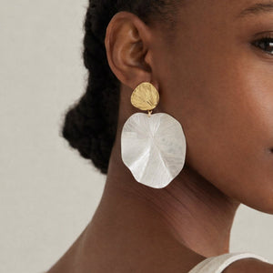 Large pearlescent lotus lily pad drop earrings with gold shell stud – anti-tarnish Korean jewellery by Sajna Sawarnaa
