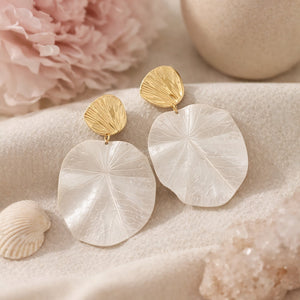 Large pearlescent lotus lily pad drop earrings with gold shell stud – anti-tarnish Korean jewellery by Sajna Sawarnaa
