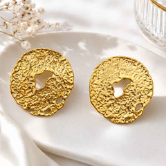 Hammered Molten Gold Disc Stud Earrings – Organic Textured Round Statement Studs | Anti-Tarnish Korean Jewellery | Sajna Sawarnaa