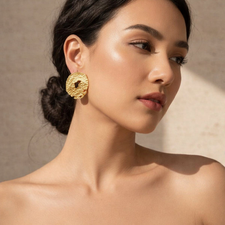 Hammered Molten Gold Disc Stud Earrings – Organic Textured Round Statement Studs | Anti-Tarnish Korean Jewellery | Sajna Sawarnaa