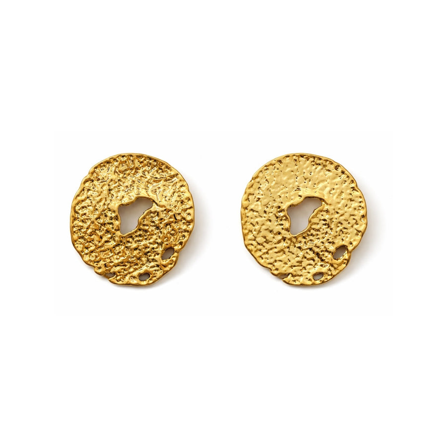 Hammered Molten Gold Disc Stud Earrings – Organic Textured Round Statement Studs | Anti-Tarnish Korean Jewellery | Sajna Sawarnaa
