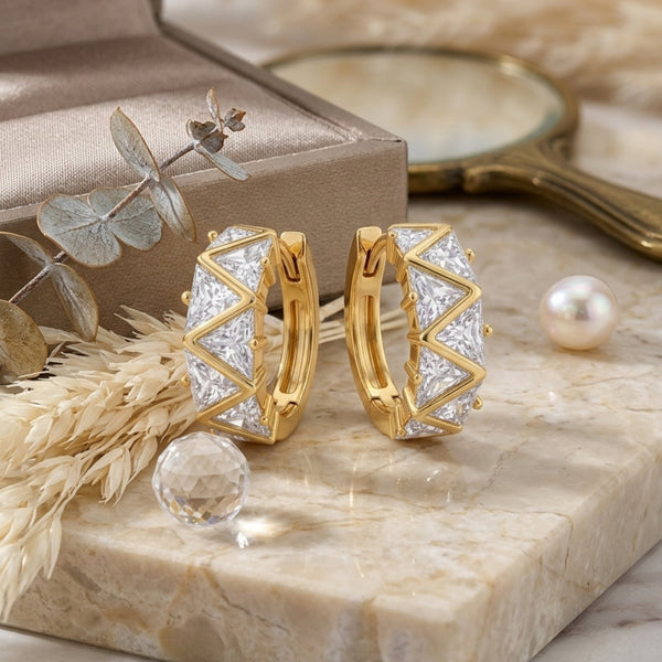 Triangle CZ zigzag gold huggie hoop earrings diamond look – anti-tarnish Korean jewellery by Sajna Sawarnaa
