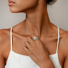 Colorful abstract face art open ring worn on hand with white outfit