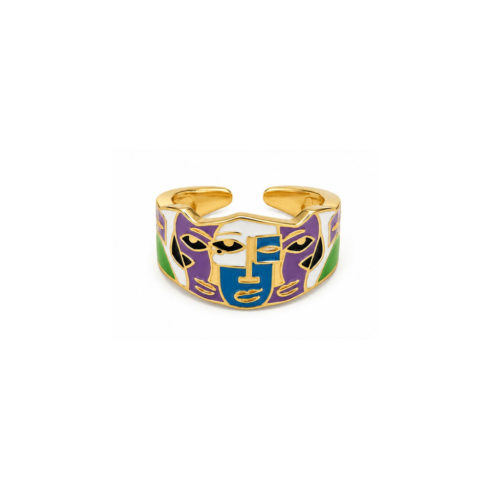 Colorful abstract face art open ring in gold finish - front product view