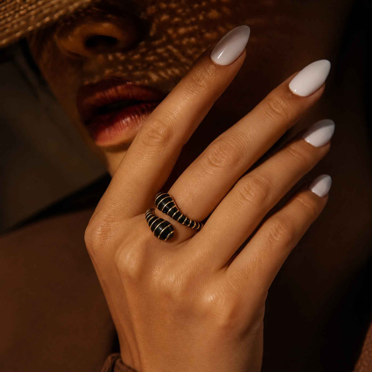 Black Enamel Coil Open Ring for Women | Adjustable Gold Statement Ring | Anti-Tarnish Korean-Inspired Jewelry