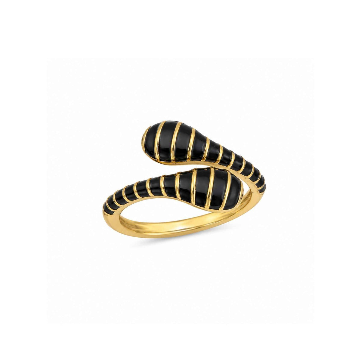 Black Enamel Coil Open Ring for Women | Adjustable Gold Statement Ring | Anti-Tarnish Korean-Inspired Jewelry