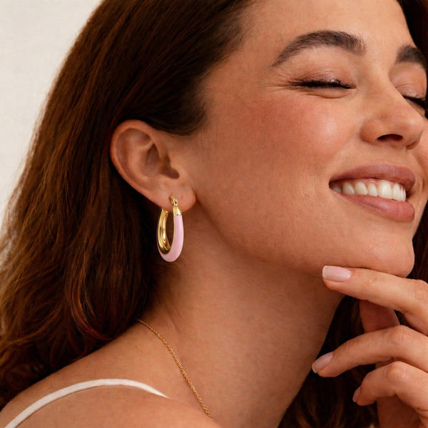 Gold and color-dipped enamel oval hoop earrings for women by Sajna Sawarnaa, featuring chunky design and anti-tarnish Korean jewelry style.