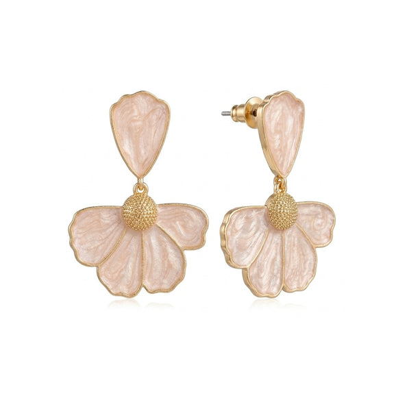 Blush pink pearlescent floral petal stud drop earrings with gold ball centre – anti-tarnish Korean jewellery by Sajna Sawarnaa

