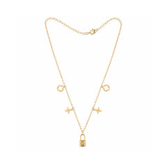 Gold clover and lock charm necklace on white background