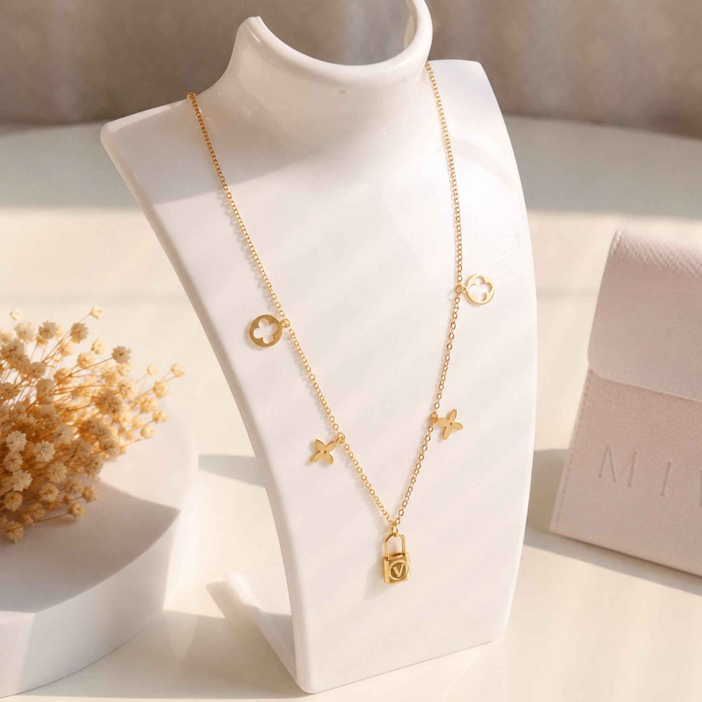 Lock & Clover Charm Necklace for Women | Gold-Tone Pendant Necklace | Anti-Tarnish Jewellery