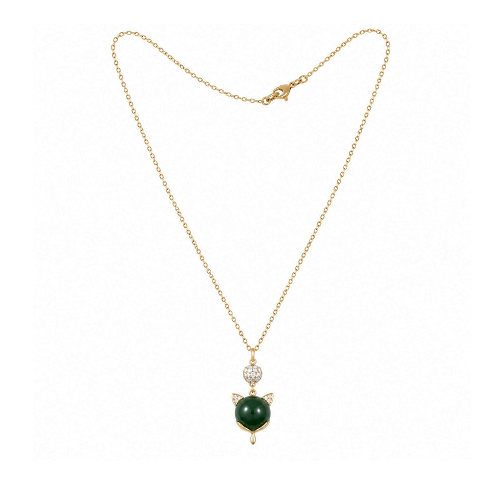 Green Cat Charm Necklace for Women | Gold-Tone Pendant Necklace | Anti-Tarnish Jewellery