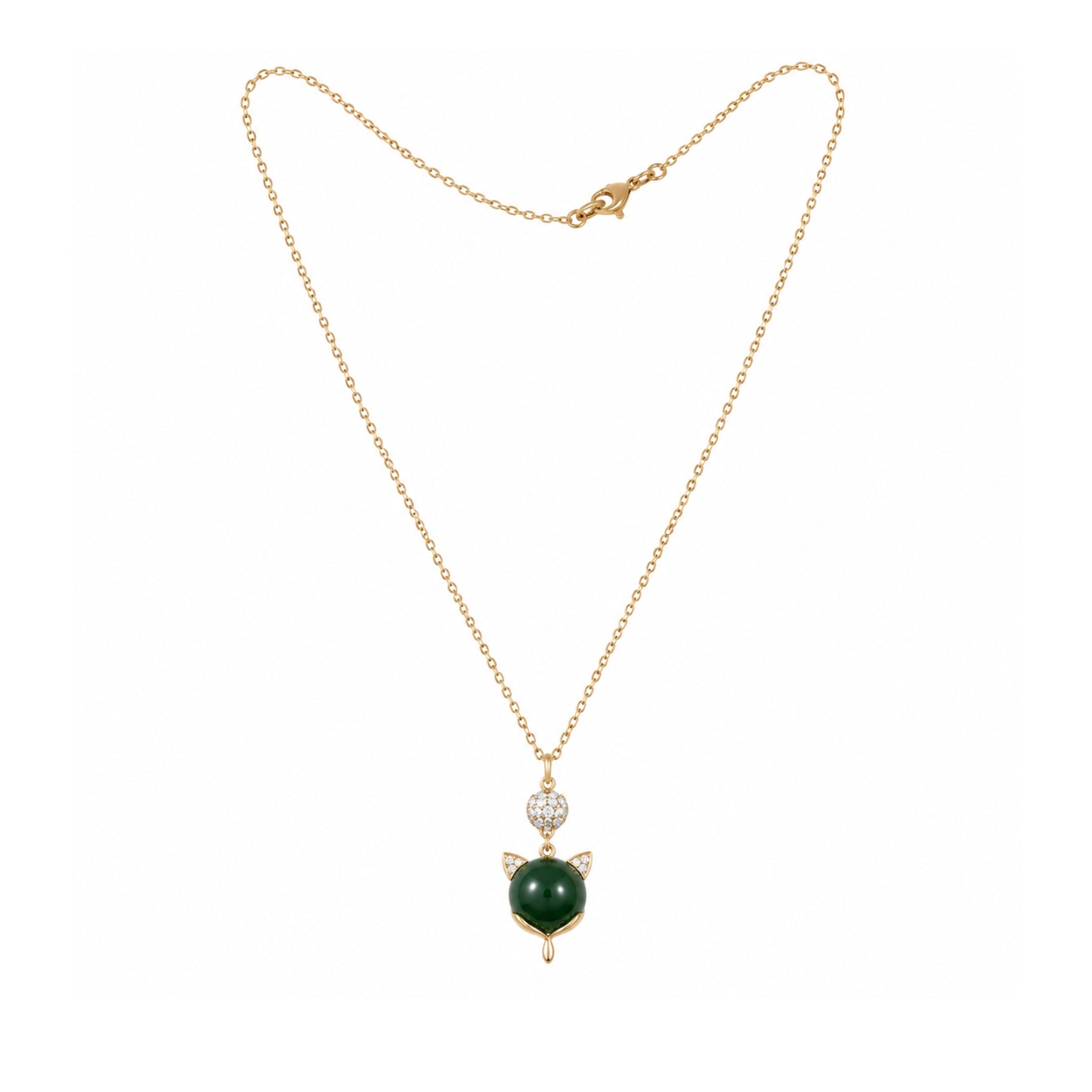 Gold-tone green cat charm necklace on a white background