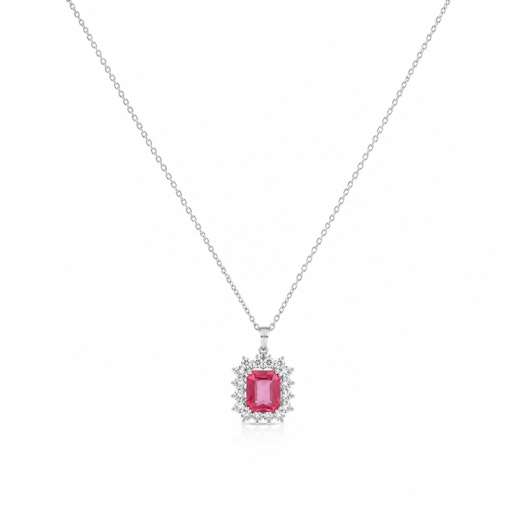 Silver-tone pink stone-accent pendant necklace on a white background