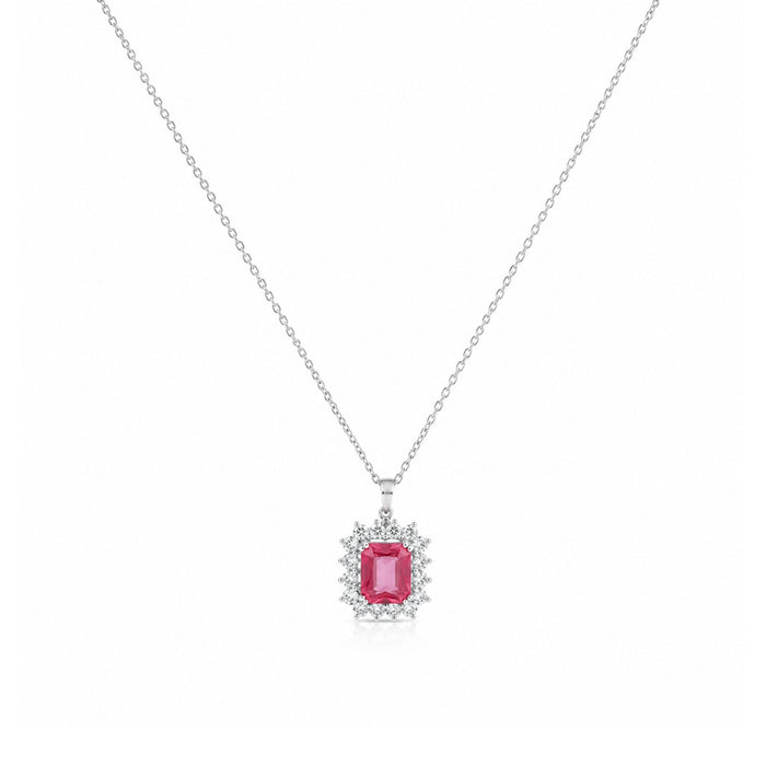 Silver-tone pink stone-accent pendant necklace on a white background