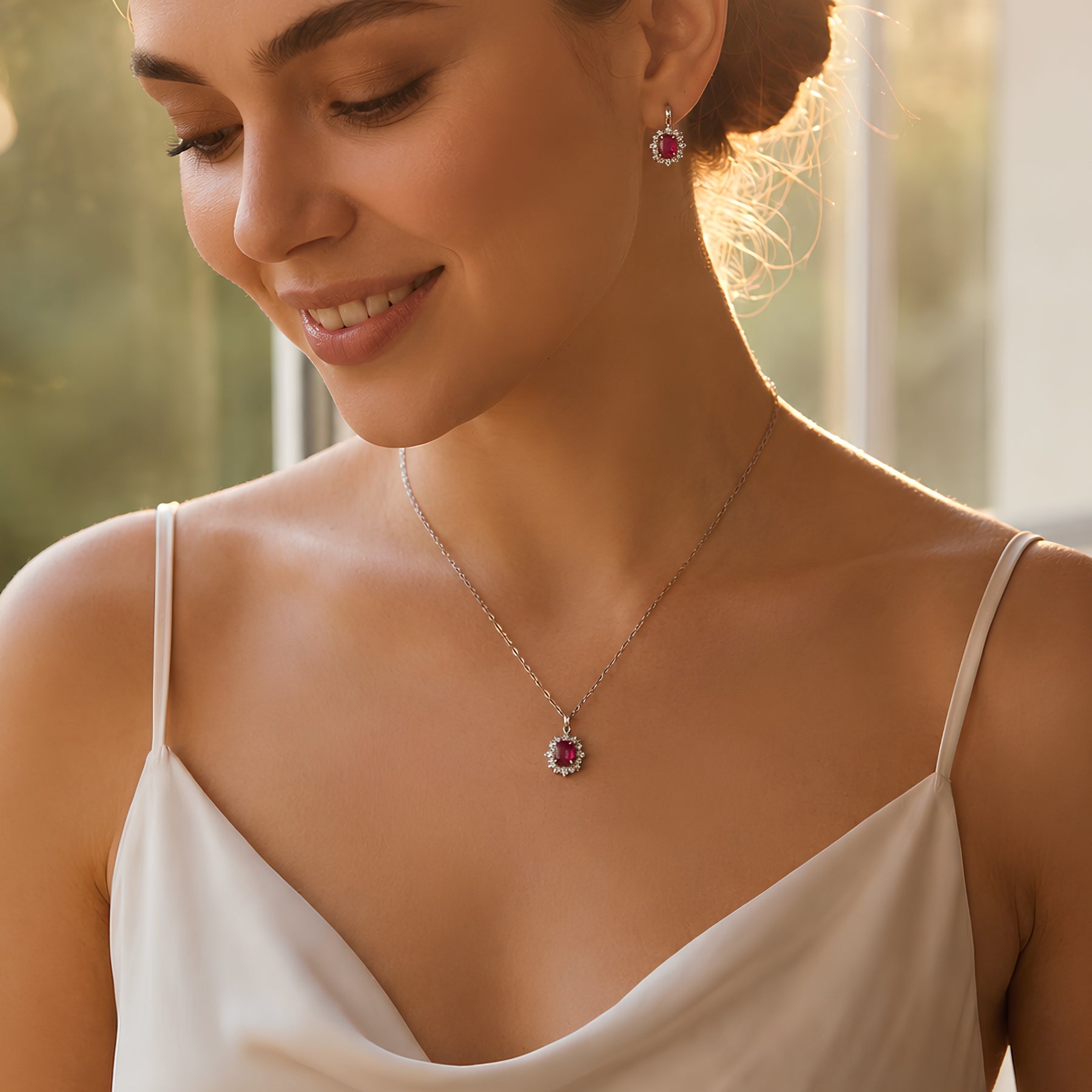 Woman wearing a silver-tone pink stone-accent pendant necklace