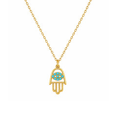 Gold-tone turquoise-accent Hamsa hand charm necklace on a white background