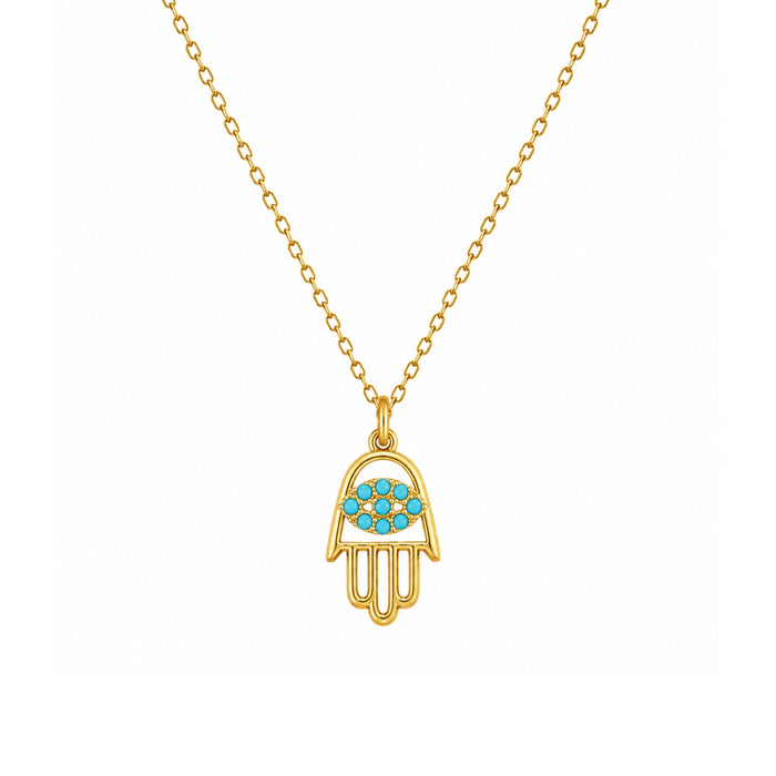 Gold-tone turquoise-accent Hamsa hand charm necklace on a white background