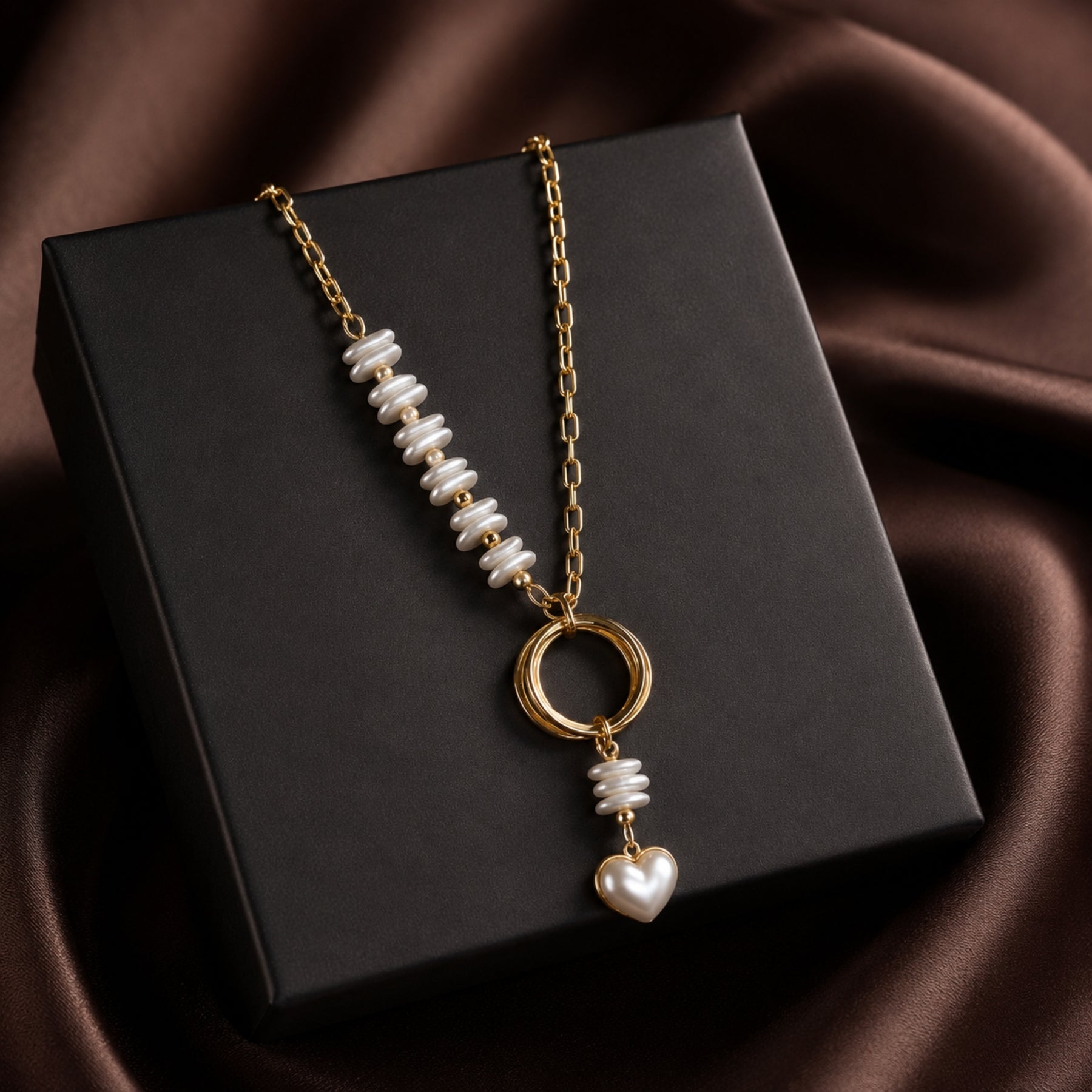 Gold-tone pearl-look heart drop necklace styled on a dark editorial background