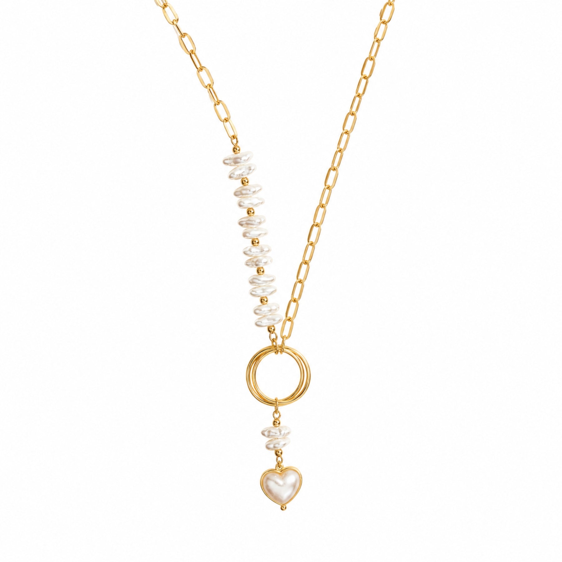 Gold-tone pearl-look heart drop necklace on a white background