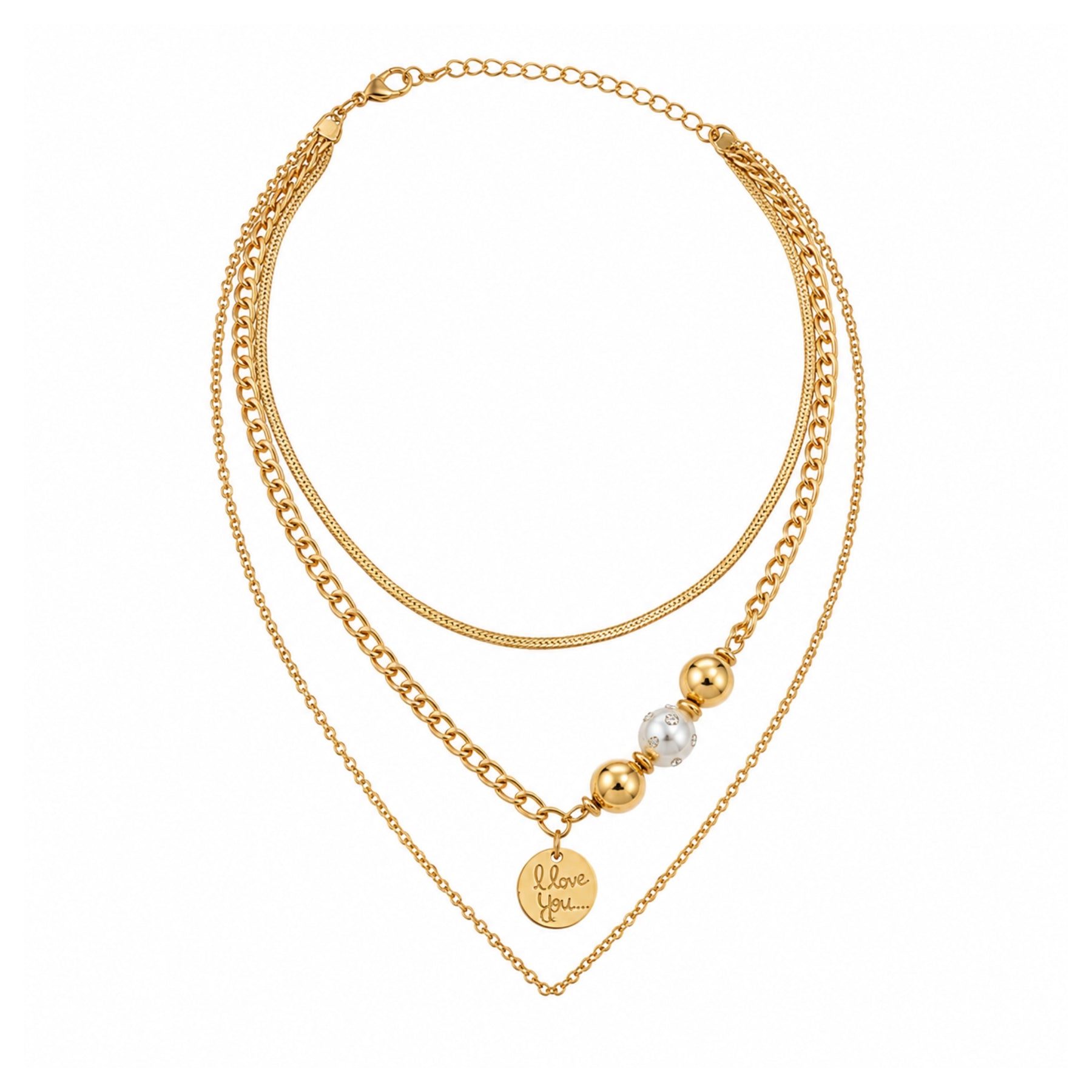 Layered gold-tone bead and message charm necklace on a white background