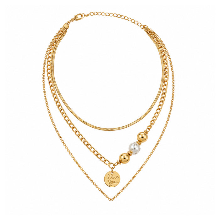 Layered gold-tone bead and message charm necklace on a white background