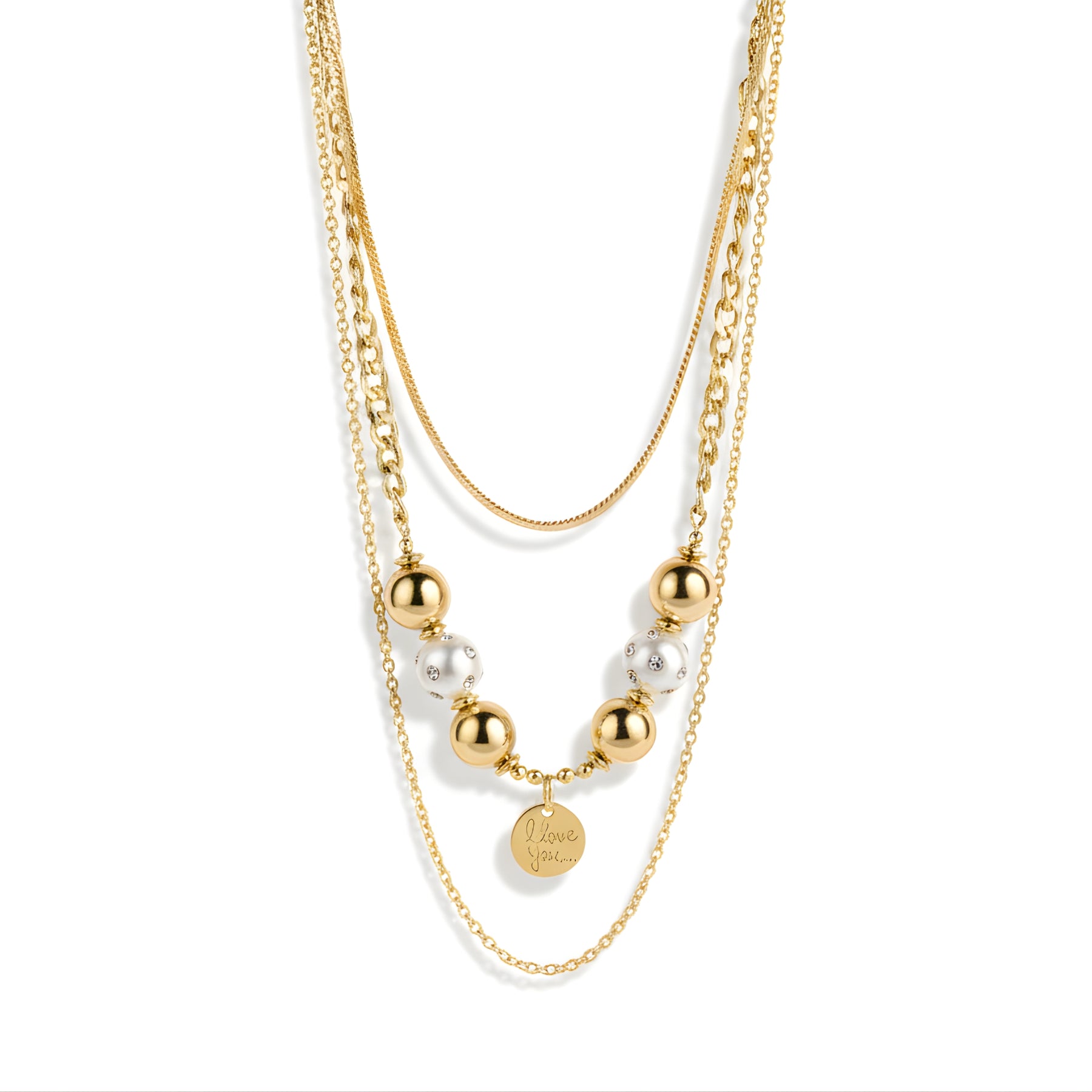 Layered gold-tone bead and message charm necklace close-up on a white background