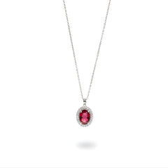 Silver-tone red stone-accent oval pendant necklace on a white background