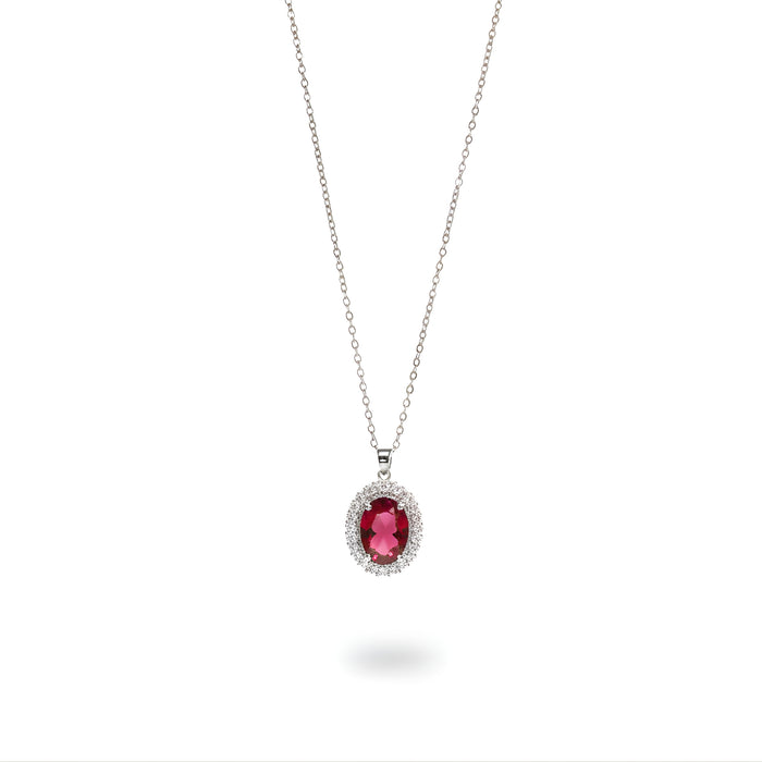Silver-tone red stone-accent oval pendant necklace on a white background
