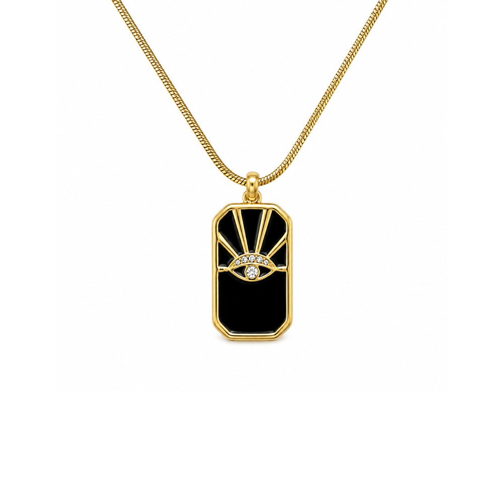 Black evil eye pendant necklace with gold-tone chain on white background