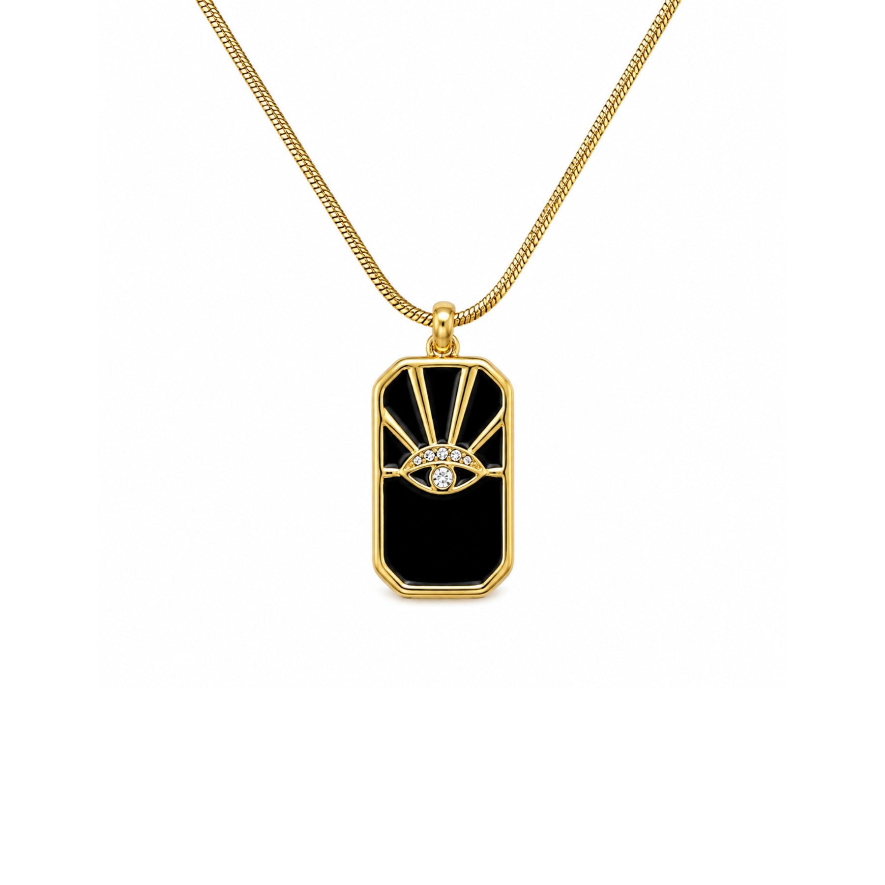 Black evil eye pendant necklace with gold-tone chain on white background