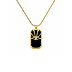 Black evil eye pendant necklace with gold-tone chain on white background