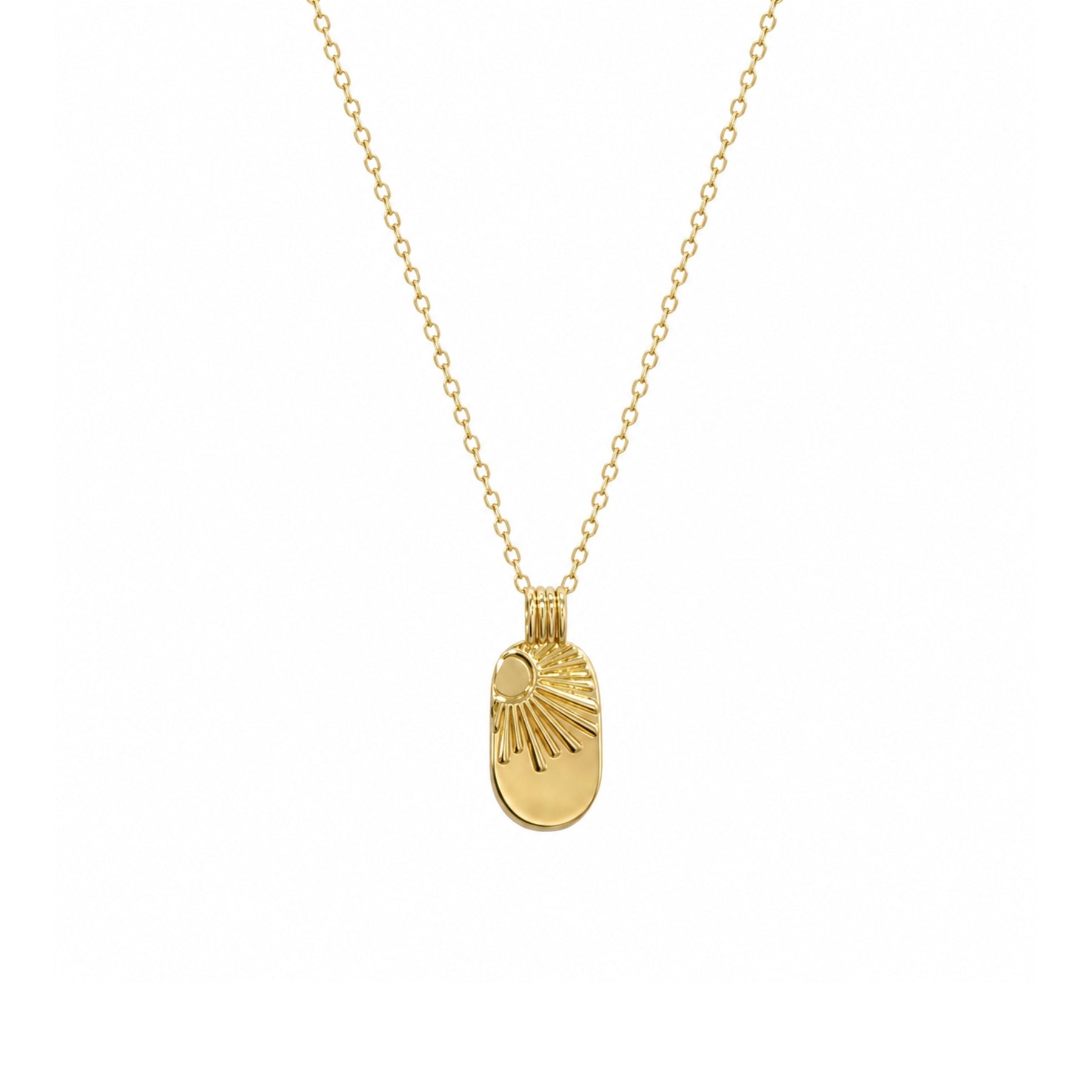 Gold-tone sunburst pendant necklace on a white background