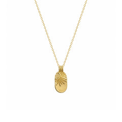 Gold-tone sunburst pendant necklace on a white background