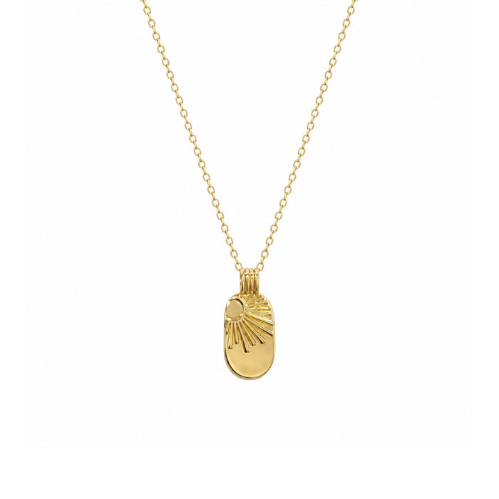 Gold-tone sunburst pendant necklace on a white background