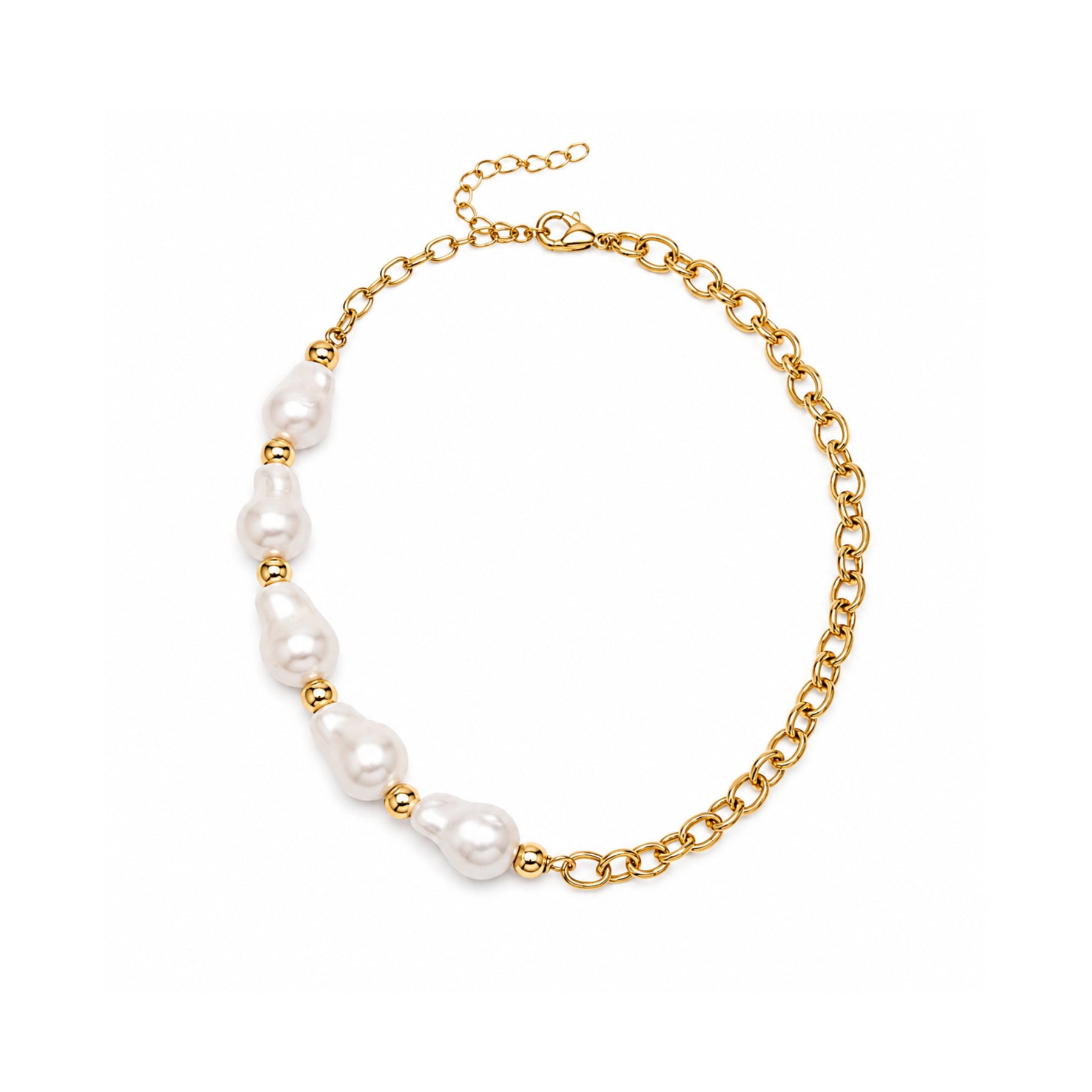 Gold-tone chain necklace with irregular pearl accents on a white background