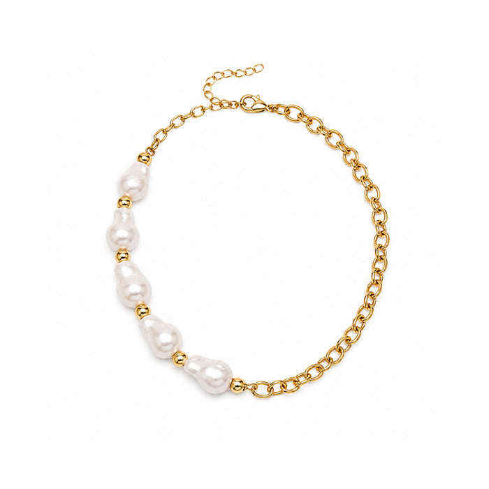 Gold-tone chain necklace with irregular pearl accents on a white background